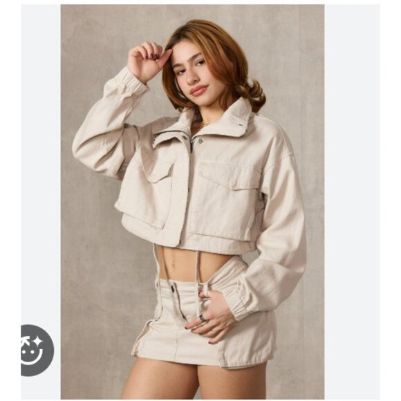 YoungLA Jacket Womens Small Beige Cropped Utility Cotton Drawstring Waist New - Picture 1 of 6